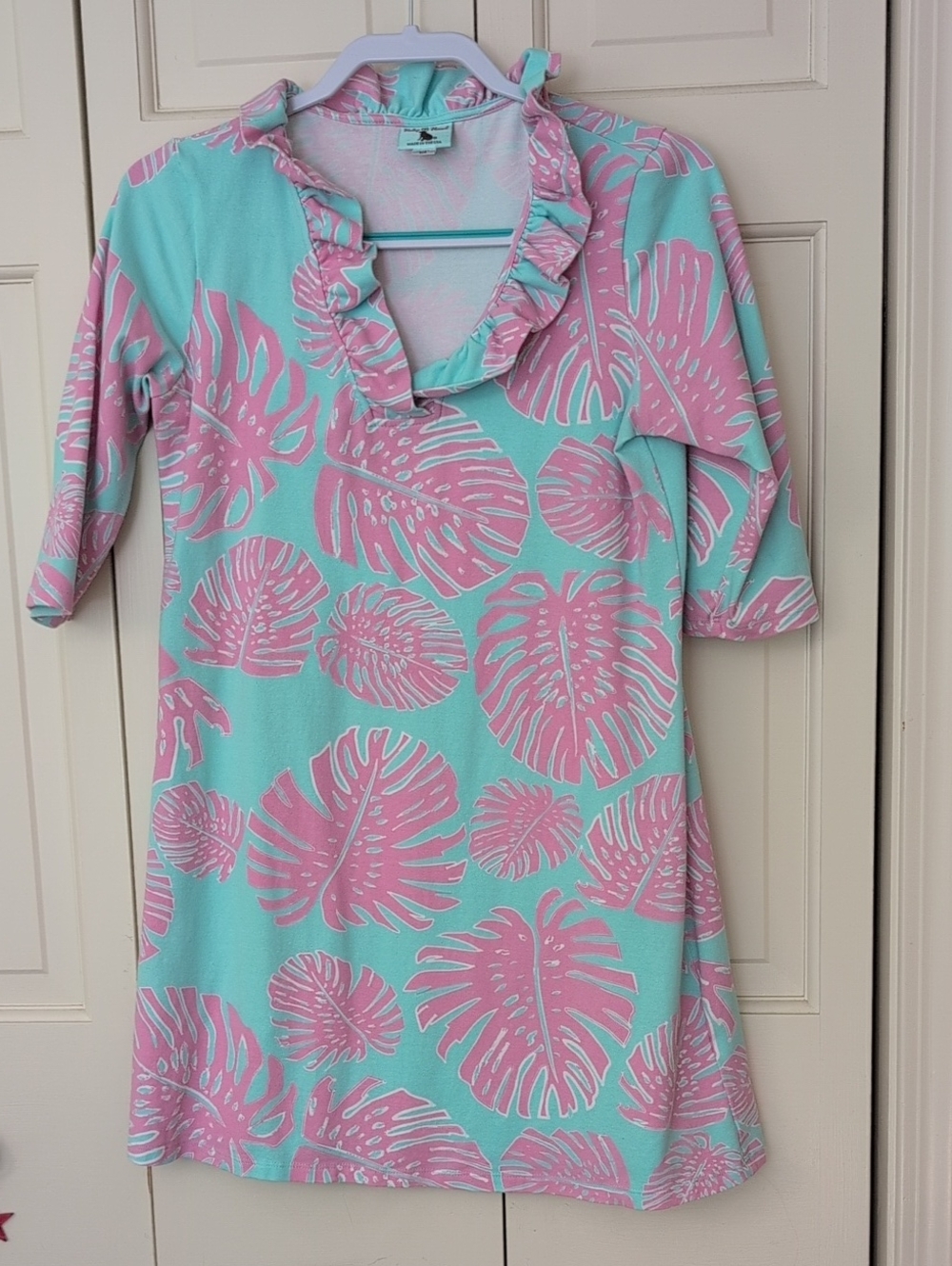 Mint & Pink Leaf-Print Ruffle Dress
